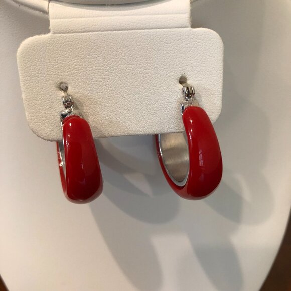 Cute Red Silver Tone Hoop Earrings. - Picture 3 of 10